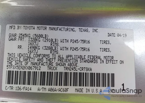 2019 Toyota Tacoma Sr from USA, damaged, VIN 5TFSX5EN2KX067912